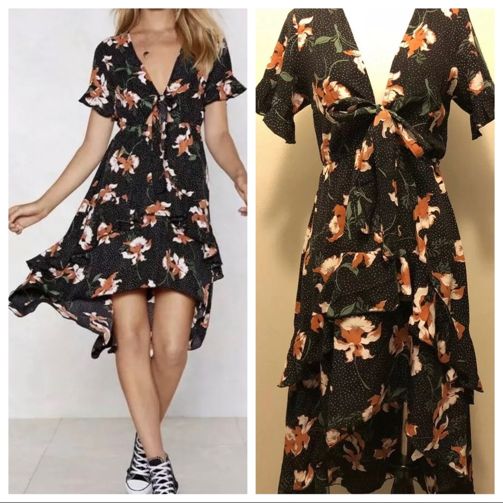 NASTYGAL CALL ME HI LOW TIE FRONT MIDI DRESS 6